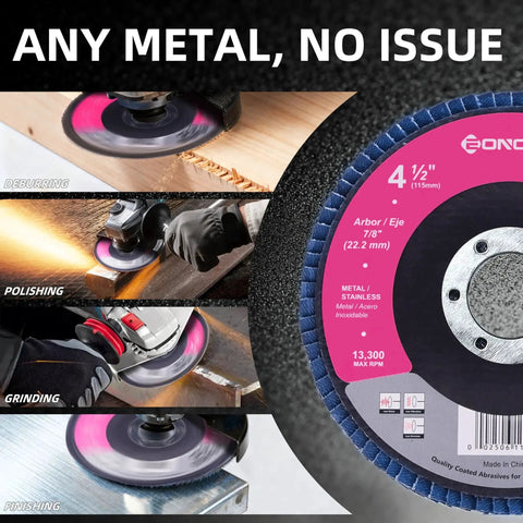 Pro Grade 40 Grit Zirconia Flap Discs For Four And A Half Inch Angle Grinder Type 27 Seven Eighths Inch Backing in use on metal and wood