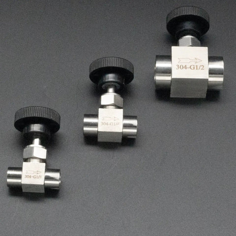 Three variations of Stainless Steel One Half Inch Straight Needle Valve With BSPP Female Thread For High Pressure Water Gas Oil And Fuel Transmission Control Heavy Duty 304 Grade Valve
