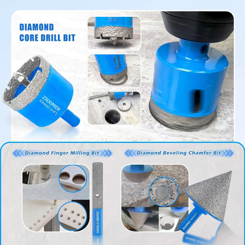 Pro Grade Diamond Hole Saw Kit With Pilot Bit For Tile Marble Granite Ceramic And Porcelain Includes 16 Piece Set From 6mm To 65mm Plus Diamond Chamfer And Milling Bits For DIY Renovations And Professional Tile Installations, showing drill bit and accessory close-ups.