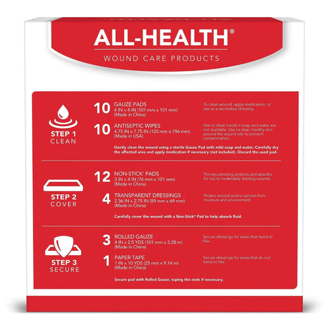 Wound Care Kit And First Aid Supplies 40 Piece box showing contents list including gauze pads, wipes, dressings for home and travel use.