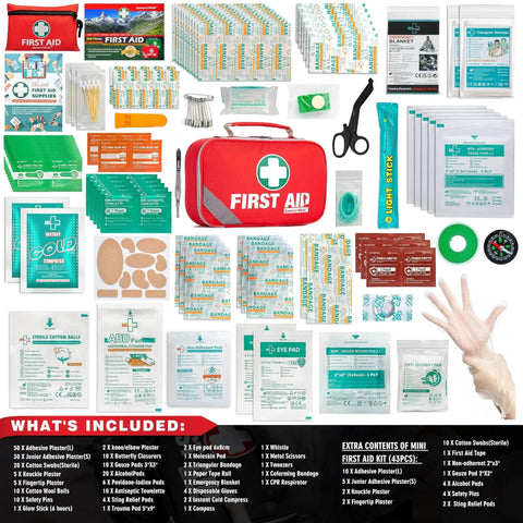 2 In 1 First Aid Kit Set With 215 Hospital Grade Items Plus 43 Piece Mini Kit, visible with red bag and medical supplies.