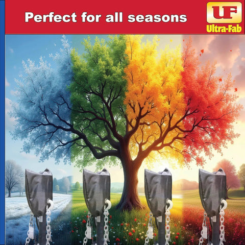 Four Drawstring Tongue Jack Covers for Power Jacks 10.5 by 13.75 Inches, displayed against a tree representing four seasons.
