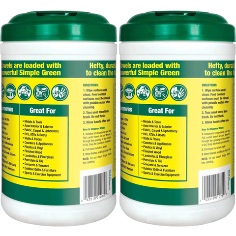 Heavy-Duty Cleaning Towels and Degreasing Wipes 75 Count Pack of 2 with green lids and yellow labels in commercial containers