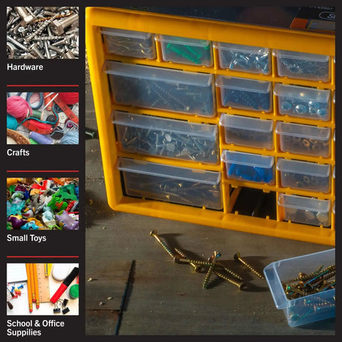 30 Drawer Plastic Small Parts Organizer Yellow Desktop Or Wall Storage for hardware, crafts, garage or classroom use