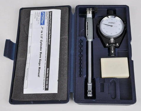 Dial Bore Gage Set With 0.7 To 1.5 Inch Range, 0.0005 Inch Dial Readout, 8 Inch Measuring Depth, Chrome Plated Handle, Carbide Tipped Anvils For Extended Wear And Precision Fowler Elite in case with manual and accessories.