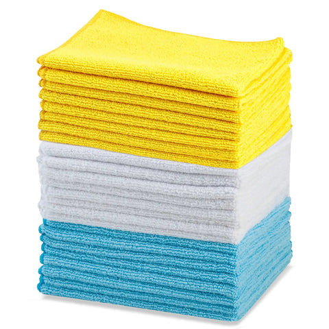 Ultra Absorbent Microfiber Cleaning Cloths For Cars And Home Go To, 24 Pack, 16 By 12 Inches, Non Abrasive Lint Free Streak Free Reusable And Washable, Colorful Blue White Yellow, Amazon Basics stacked neatly showing yellow, white, and blue colors.