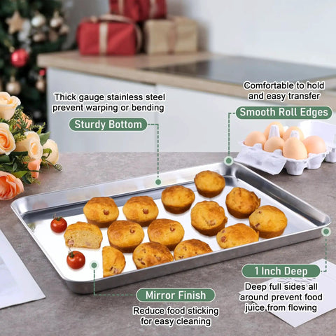 Stainless Steel Baking Sheet With Wire Rack Set 16 Inch By 12 Inch Pan And Cooling Rack For Oven Cookie Roast Jelly Roll Style No Coating Rust Resistant Dishwasher Safe with cookies on a kitchen counter