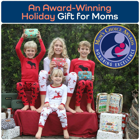 Children holding Compact Travel First Aid Kit For Kids With Sixty-Piece Set And Latex-Free Bandages, surrounded by gifts.