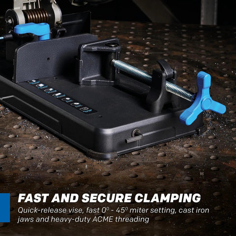Evolution S14CPS 14-inch heavy-duty metal cutting chop saw side view with blue quick-release clamp and vise