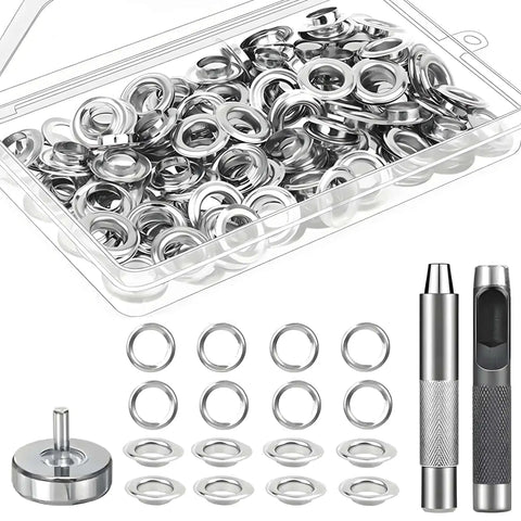 1/4 Inch Grommet Tool Kit With 100 Grommets And Punch Set For Fabric Leather And Canvas Durable Silver Metal Eyelets Kit