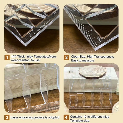 10 In 1 Butterfly Bowtie Inlay Router Template Kit with brass cutting accessories, showcasing clear size templates and measurements.