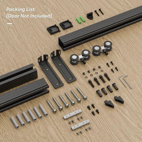 Ceiling Mount Box Rail Barn Door Hardware Kit Heavy Duty Steel Sliding Track components laid out on wood surface