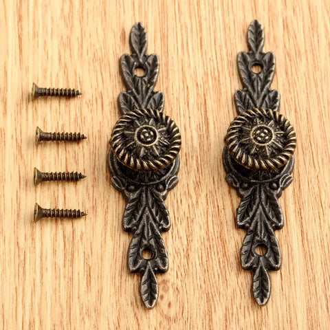 Two Piece Set Antique European Flower Handle Pull In Antique Bronze Finish Zinc Alloy Mini Knob With Four Screws