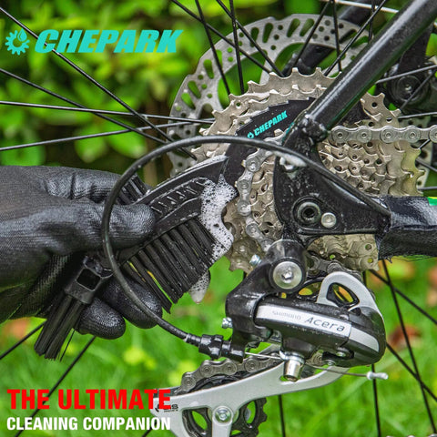 Using Drivetrain Cleaning And Lubrication Essentials Kit With Bicycle Degreaser And Lubricant Brush Tool For Mountain And Road Bikes on rear gear