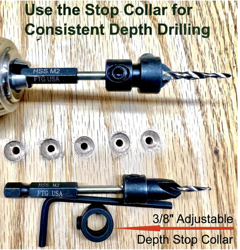 Pro Woodworking Countersink Drill Bit Set For Wood With Tapered Bits And Depth Stop Collar Includes Hex Wrench And Storage Case Five Piece Set Sizes 4 6 8 10 12 FTG USA