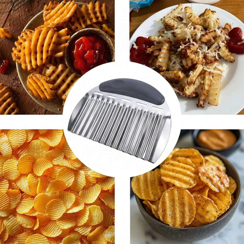 Two Piece Stainless Steel Crinkle Cutter And French Fry Cutter Set Heavy Duty Wavy Potato Slicer shown with crinkle-cut fries and chips