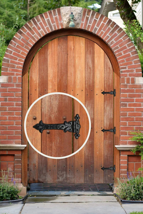 Heavy Duty T Hinge Set For Wooden Fences And Gates Black matte gate hinge on wooden door with cast iron construction