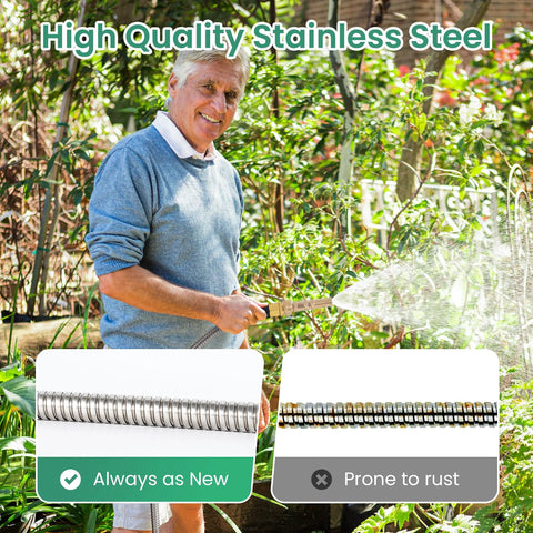 Cesun 25ft 304 stainless steel garden hose with brass nozzle, kink-free, UV resistant, all-weather for lawn and patio