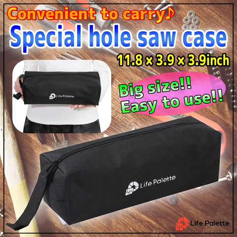 Black carrying case for Five-In-One Hole Saw Kit, size 11.8 x 3.9 x 3.9 inch, shown with portable handle and zipper closure.