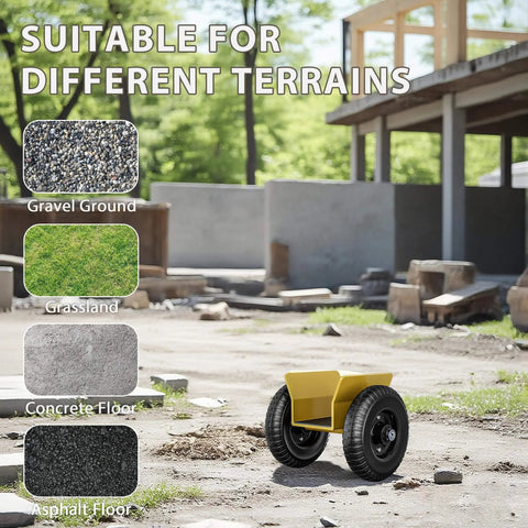 Heavy Duty Panel Dolly With 700 Pound Load Capacity And Eight Inch Wheels in a construction site, suitable for different terrains.