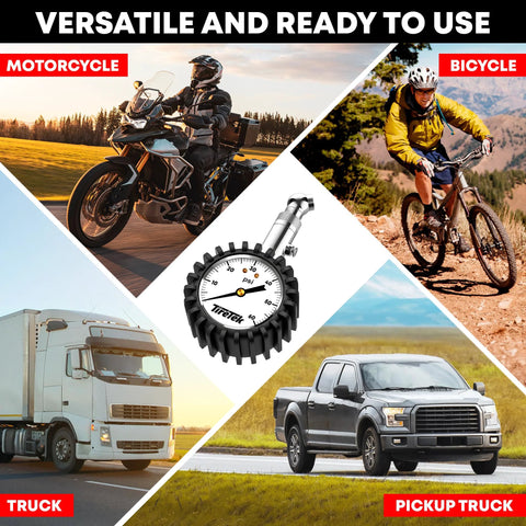 TireTek tire pressure gauge with white analog dial and black ribbed housing against a vehicle collage background