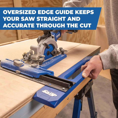 Rip Cut Circular Saw Guide For Precise Edge Guided Cuts On Regular Side Blade Saws Corded Or Cordless Converts Your Saw Into A Pro Level Guided Cutting Tool With A Secure Clamp Sled Universal Fit For Woodworking By Kreg KMA2400 in use.