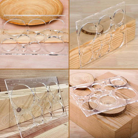 Pro Grade 13 In 1 Router Template Kit for Woodworking with 13 circle sizes on acrylic sheet for precise cuts and inlays.