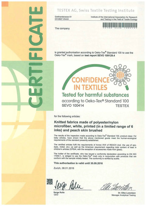 Certificate of confidence in textiles for microfiber cleaning cloths tested for harmful substances, issued by TESTEX AG.