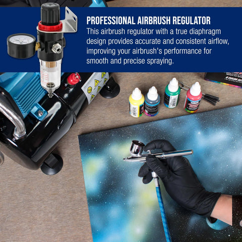 Master Airbrush true diaphragm regulator with gauge and clear moisture-trap jar, black body.