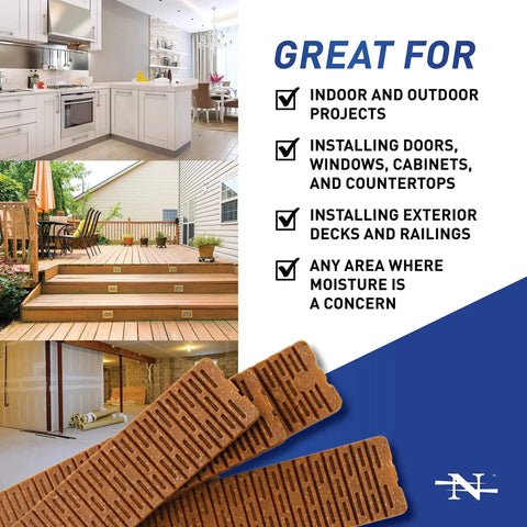 Waterproof 24 Pack 8 Inch Composite Shims For Leveling Toilets Windows Cabinets Decks with multiple installation uses shown