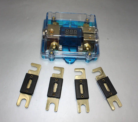 300A ANL Dual Digital Gold Plated Distribution Block Fuse Holder For Car Audio with four fuses and digital voltmeter display