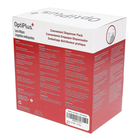 Packaging of Pre Moistened Eyeglass Lens Wipes For Glasses And Screens Quick Dry Scratch Free in a red and white dispenser box