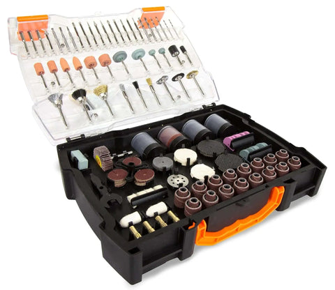 Open carrying case showing contents of Comprehensive 282 Piece Rotary Tool Accessory Kit for sanding, carving, and cutting.