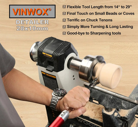 Carbide Wood Lathe Tool Set for Pen Turning with Swan Neck Hollower Rougher Finisher and Detailer Aluminum Handles 14 To 29 Inches Fine Polished Stainless Shank Rotatable Tips No Sharpening Needed From VINWOX in use.