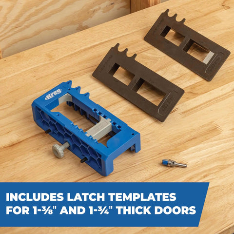 Adjustable Door Hinge Routing Jig With Depth Guide For Precise Mortises And Accurate Latch Routing, shown with latch templates