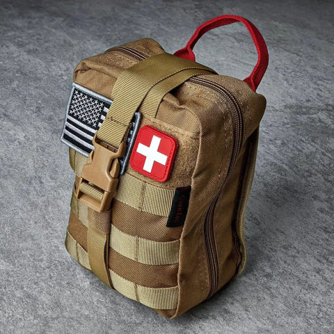 Military Grade IFAK Trauma Kit With CAT Gen 7 Tourniquet Israeli Bandage Chest Seal Splint CPR Mask For Bleed Control Gunshot Wounds And More Tactical Medical Kit For Home Vehicle Outdoors in a tan MOLLE bag with red handle and patch.