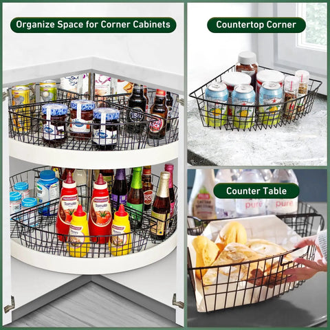 Heavy Duty 24 Inch Lazy Susan Organizer Bins For Corner Cabinets 2 Pack Black Metal Turntable Storage With One Quarter Wedge Can Organizer Rust Resistant Steel Kitchen Storage Leeden