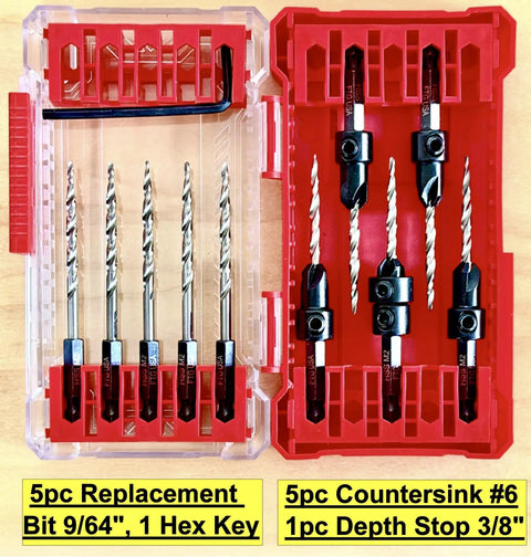 Woodworking Five Piece Depth Adjustable Countersink Drill Bit Set With Replacement Tapered Bits In A Tough Storage Case Size Six Nine Sixty Fourth Inch For Precise Finishes And Quick Setup In Cabinets Furniture And DIY Projects From FTG USA, open case with drill bits displayed