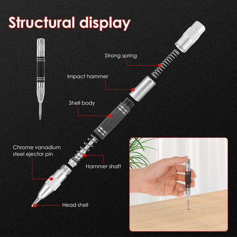 Exploded view of center punch with spring, impact hammer, and ejector pin labeled; inset image of tool in hand on wood surface.