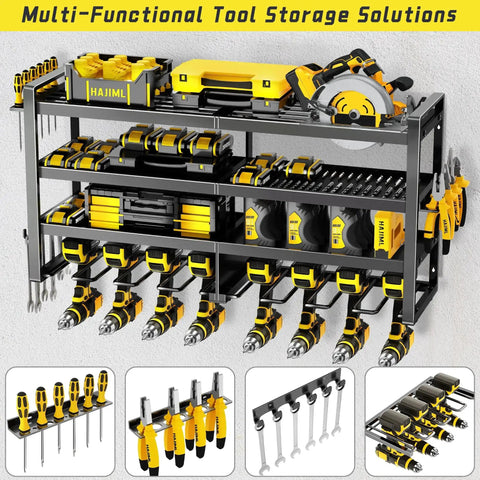 Heavy Duty Power Tool Organizer Wall Mount With Four Tier Storage And Eight Drill Holders Easy Install Garage Workshop Rack displaying tools on wall mount.