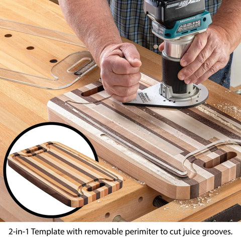 Person using Two In One Cutting Board Template With Juice Groove, Laser Cut Acrylic Router Template For Cutting Boards Charcuterie Boards And Serving Trays, USA Made, Large 17 3/4 By 10 3/4 Inches, Crystal Clear Visual Aid For Centered Grooves And Pro Style Results.