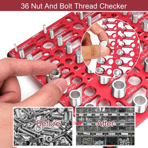 All In One Bolt Thread Checker Gauge Kit For Imperial And Metric Sizes Identifies 20 Standard Threads And 16 Metric Sizes Wall Mountable With Drill Bit Gauge Red, close-up of gauge with hand holding a bolt.