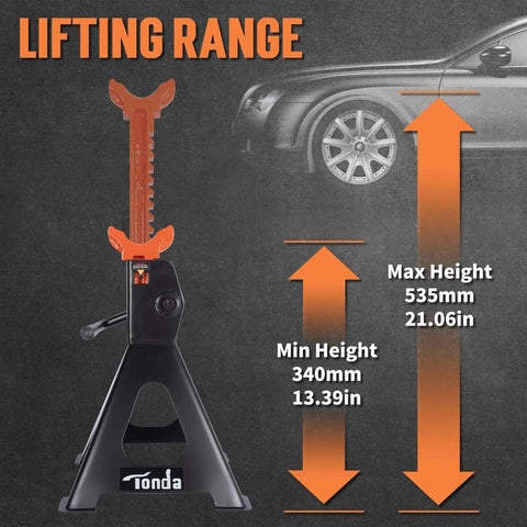 3 Ton Heavy Duty Jack Stands With Self Locking Ratchet, showing lifting range from 13.39 to 21.06 inches alongside car