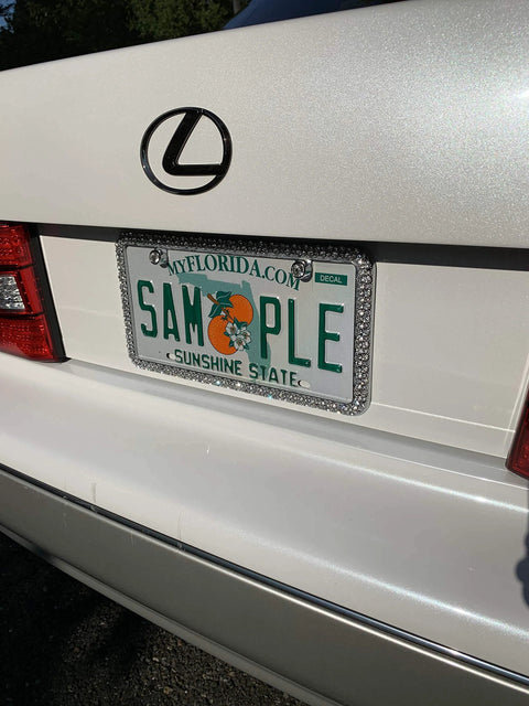 Installed Elegance Chrome License Plate Frame With Diamond Bling And Fastener Caps, 144 Simulated Diamonds, 6mm, Rattle Free Clips