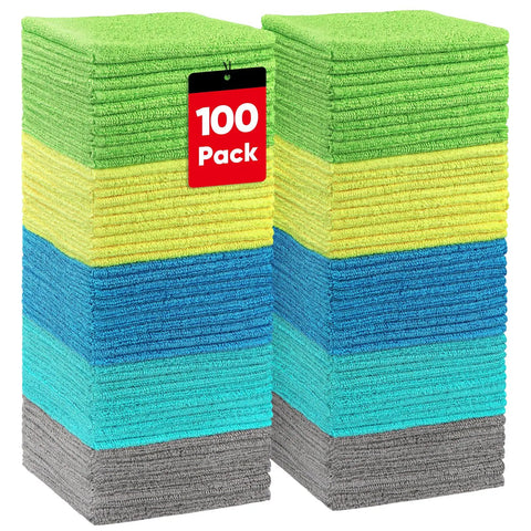 Ultra Absorbent Microfiber Cleaning Cloths 100 Pack Multi Color Towels stacked, showing green, yellow, blue, and grey rags for cleaning.