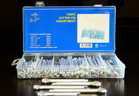 144 Piece Cotter Pin Set With 6 Popular Sizes Spring Steel Zinc Plated For Rust Resistance In A Clear PP Storage Case With Size Chart Swordfish 31100 Kit, shown in open case displaying pins inside.