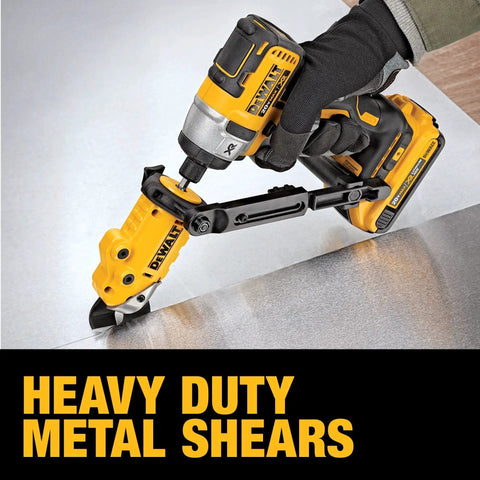 Hands using Beefy Heavy Duty Metal Shear Drill Attachment with 360 Degree Pivoting Head for Cutting 18 Gauge Metal.