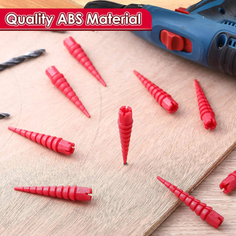 Wood Screw Hole Repair Kit Ten Pack For Stripped Holes In Wood Doors And Furniture Quick Fix For Stripped Threads Fits Screws From 2 To 16 Red Great Value on wooden surface with drill