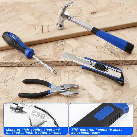 93-Piece Household Tool Kit With Storage Case For Home DIY Projects, featuring screwdriver, pliers, utility knife, and hammer.