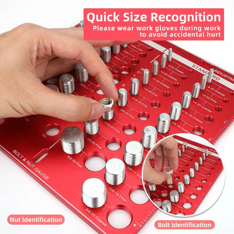 42 Pro Grade Thread Checker Bolt Gauge With 19 Standard And 15 Metric Sizes, showing a user identifying a bolt size on the red board.